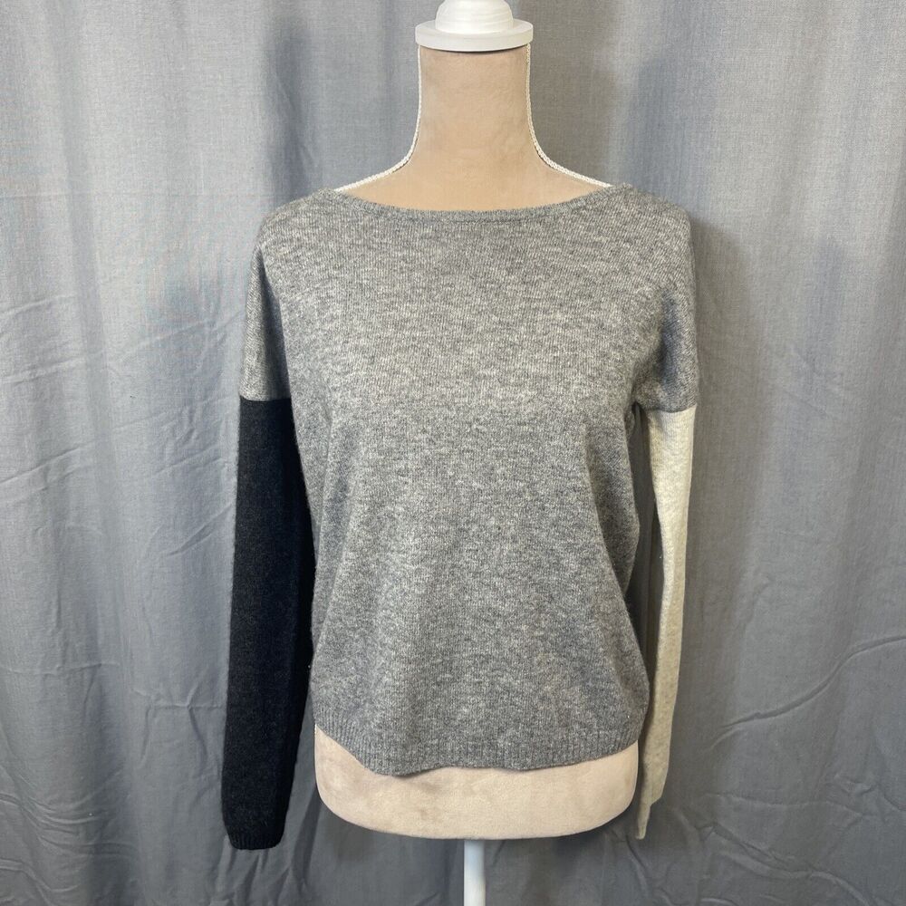 100% Cashmere Pullover Sweater Womens S Gray/Blk/Cream Luxury Soft